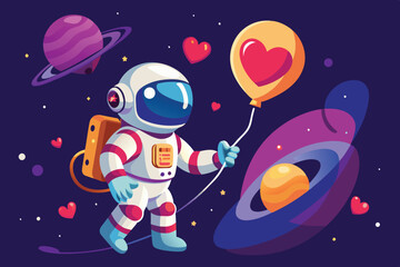Naklejka premium A cheerful astronaut floats in outer space, holding a colorful heart-shaped balloon, surrounded by distant planets and twinkling stars, creating a whimsical cosmic atmosphere.