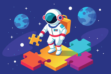 An astronaut in a spacesuit carefully places a colorful puzzle piece on a multi-colored platform while floating in a starry outer space setting.