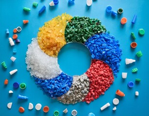 circular crushed plastic pellets parts made of multicolored recycled plastics collected at sea flatlay on a blue background to be used for new products waste particles pollution reduction