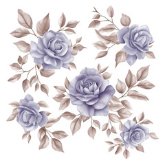 Fototapeta premium Elegant arrangement of soft purple roses with delicate beige leaves on transparency background, creating sophisticated and romantic floral design