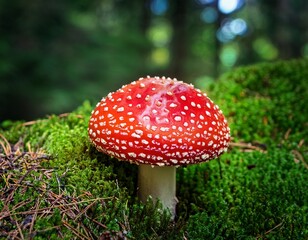 vibrant red mushroom with white dots and green mossy forest background
