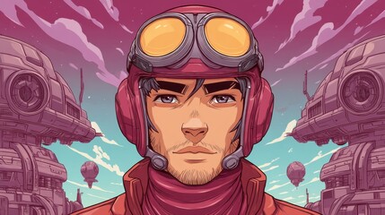 A cartoonish boy in a pilot helmet and goggles stands against a backdrop of cosmic structures, blending playful adventure with futuristic space exploration in a colorful, vibrant setting.