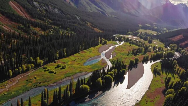 Beautiful valley Pahalgam in Kashmir, india, landscape with trees and river. Aerial view of drone