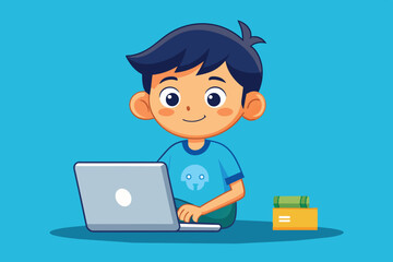 A cheerful boy engages with his laptop, focused on an activity. He sits on a blue background surrounded by money and a small box, exuding excitement and curiosity.