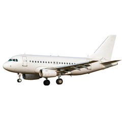 Fototapeta premium White commercial airplane in flight with landing gear extended, isolated on transparency background. aircraft is twin engine jet, suitable for short to medium haul flights