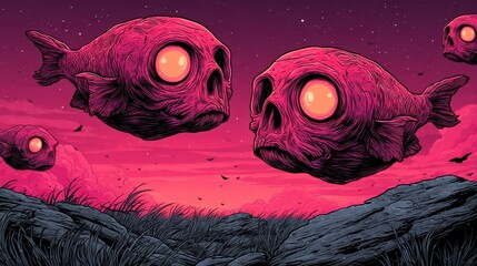 Surreal flying fish with skull faces in a vibrant pink night sky, fantasy landscape, eerie and imaginative digital art, perfect for sci-fi, horror, or surrealism themes.