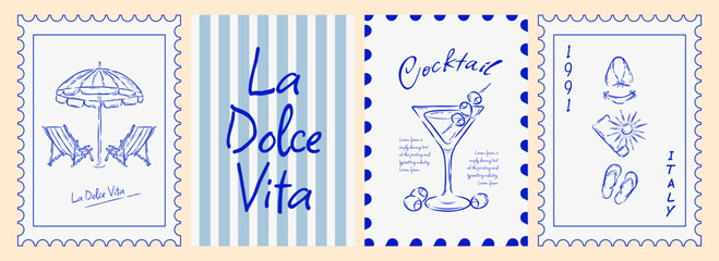 Vintage Italian Summer Print Stamp set. Travel Beach Doodle Print. Wall Art vector Grunge Postcard Stamp. Retro Travel Poster or Card, Frame, Border Element. Italy Sea Vacation Mood. Hand Drawn Cards.