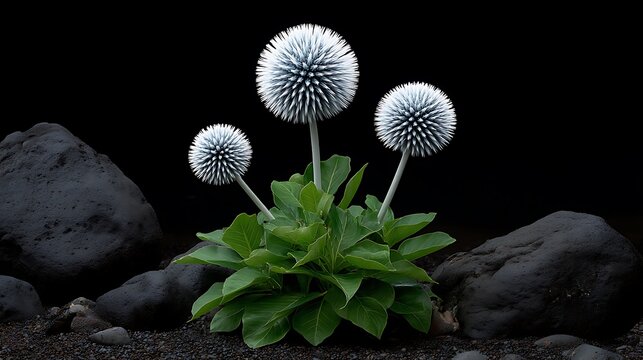 Elegant Globe Thistle Trio on Volcanic Rock.