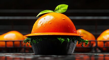 Vibrant orange dessert garnished with a leaf, showcased on a dark background with oranges