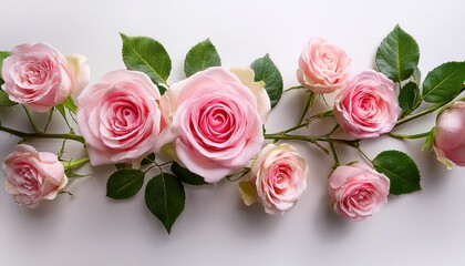 Obraz premium delicate pink roses gracefully arranged along a slender branch against a white background