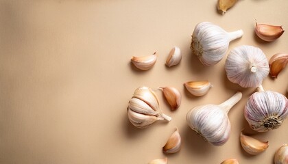 creative layout made of garlic on the beige background flat lay food concept macro concept