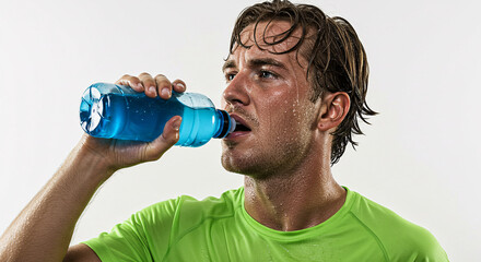 Man Drinking Blue Sports Drink From Bottle After Workout Against White Background