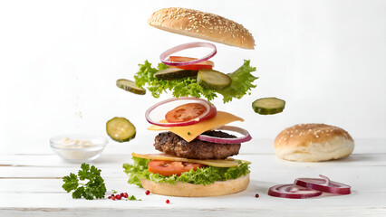 Clean Vector EPS Background of Flying Burger Ingredients with Fresh Vegetables and Realistic Symbols