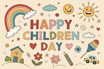 Happy Childrens Day Colorful Doodle Illustrations Rainbow Sun Stars Hearts