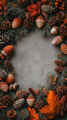 Naklejka premium Richly decorated autumn Thanksgiving or harvest wreath with pinecones colorful orange leaves and festive ornaments on textured gray background for seasonal celebration