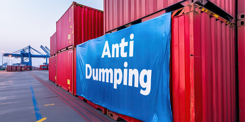 Red shipping container stack with blue anti dumping banner at port, industrial evening scene