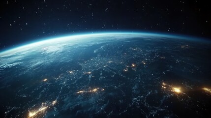 Obraz premium Aerial view of Earth from space with animated light trails representing a global communications network