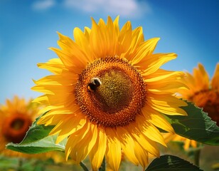 sunflower with a bee on the blooming yellow sunflower in front and a blue sky in the background shot on a sunny day during summer ecological nature concept vertical shot
