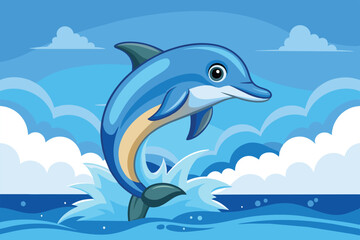 Obraz premium A cheerful blue dolphin breaches the surface of the ocean, creating splashes as it jumps beneath a clear blue sky and soft, white clouds, showcasing ocean life.