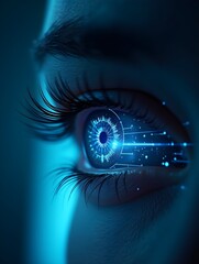 Eye Close-up with Data Visualization Overlay for Futuristic Technology Concepts