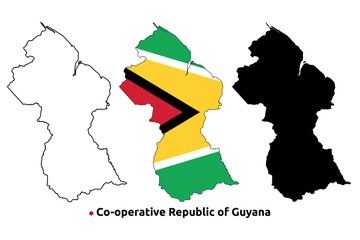 Guyana Map Vector - Country Outline, Flag Inside Map, Blank and Silhouette Version