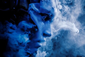 Fototapeta premium A striking digital artwork showcases a cyborg face shrouded in ethereal blue smoke, very dramatic.