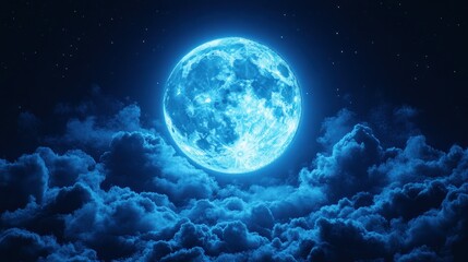 Fototapeta premium A luminous blue moon behind dark clouds