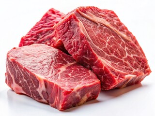 Raw Angus Tri-Tip Steak Pieces, Macro Close-up, High-Resolution, White Background