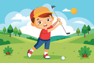 A cheerful boy swings his golf club in an expansive green field under a clear sky, demonstrating his excitement for the sport on a sunny afternoon.