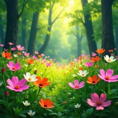 Obraz premium Vibrant wildflowers sway in gentle forest breeze, sunlight, petals