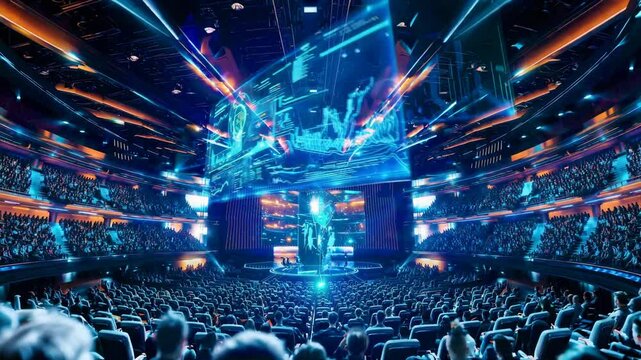 Large audience watching high-tech holographic display with data visualization. Massive stadium filled with spectators. Immersive digital event with complex visual graphics. - Powered by Adobe