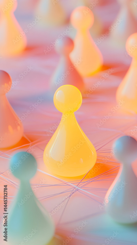 Poster Abstract image of pastel-colored game pieces interconnected by thin lines, showcasing network concept, symbolizing connection and community