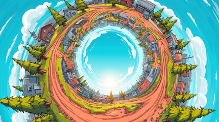 Colorful cartoon illustration of a circular landscape with houses, trees, and a winding dirt path, creating a whimsical, fantasy scene perfect for wallpapers, art, and imagination themes.