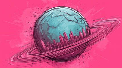 A vibrant digital illustration of a planet with cityscape and rings, set against a pink cosmic background. Perfect for sci-fi, fantasy, space, and futuristic themes.