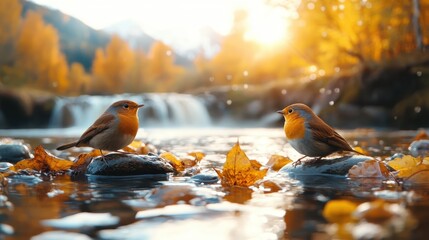 Two delightful birds resting on wet rocks surrounded by falling autumn leaves, glowing in the golden light of sunset near a picturesque waterfall.