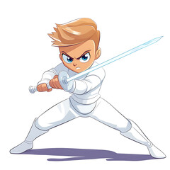 Fototapeta premium Young cartoon character in white wielding a glowing blue sword, ready for action with focused expression.