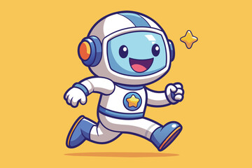 This colorful cartoon features an enthusiastic astronaut wearing a space suit, happily running against a vibrant yellow backdrop, representing fun and exploration.