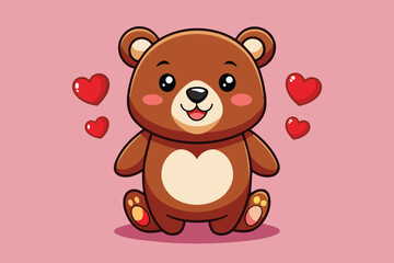 A charming cartoon bear sits happily with a warm smile, surrounded by floating red hearts against a soft pink background, ideal for expressing love and joy.