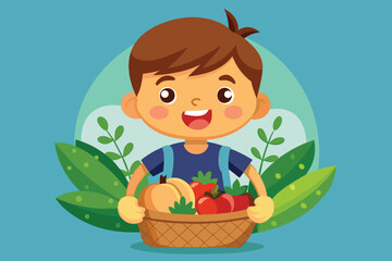 A happy young boy smiles widely while carrying a basket filled with vibrant fruits and vegetables amidst leafy plants, showcasing the joy of nature.