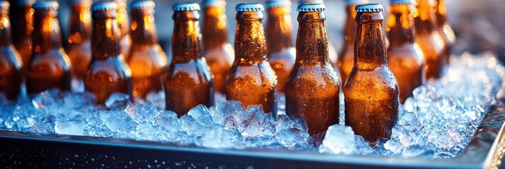 Brown beer bottles in metal tray with ice cubes, creating cozy ambiance with warm, golden hues and bokeh effect