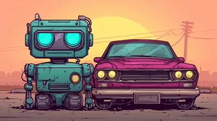 Cute robot and retro car standing together on a street at sunset, cartoon style, vibrant colors, friendly atmosphere, digital art.