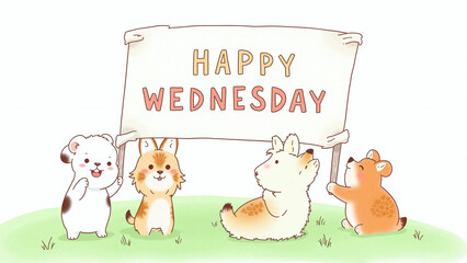 Naklejka premium Cute cartoon animals holding Happy Wednesday banner