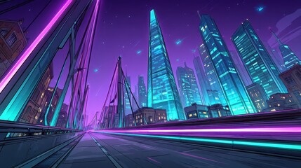 Futuristic cityscape at night with neon lights, glowing skyscrapers, and a modern bridge under a purple sky. Cyberpunk urban scene, vibrant colors, empty road, science fiction atmosphere.