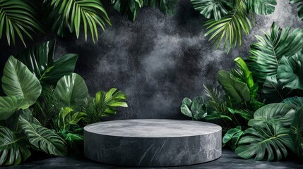 Dark Gray Stone Podium Surrounded by Lush Green Tropical Foliage