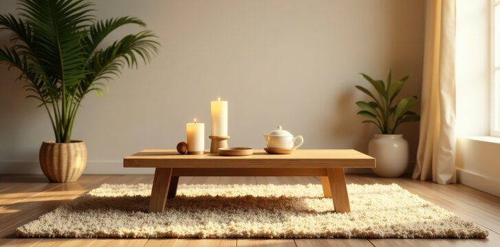 Warm beige rug under a wooden coffee table with candles on it, cozy, neutral