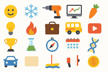 Diverse Icon Set: A colorful array of vector icons, encompassing a wide spectrum of concepts, from tools and nature elements to business and communication symbols.