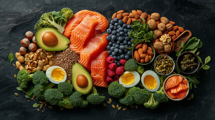 a creative top-down composition of brain health food ingredients on black chalkboard background, right side of brain formed from salmon, avocado, eggs, nuts, leafy greens, half of brain drawn in chalk