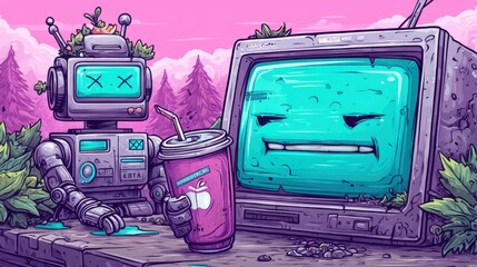 Retro robot and old TV with faces, sitting outdoors with a drink, vibrant neon colors, cartoon style, futuristic, whimsical, friendly, digital art, pink and blue palette.