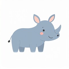 Fototapeta premium A cute cartoon rhinoceros stands smiling with a simple, playful design on a plain white background.