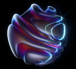 3d of surreal mystic alien ball or sphere sculpture in curve wavy organic lines forms in deformation process in translucent matte plastic material with purple neon laser round stripe